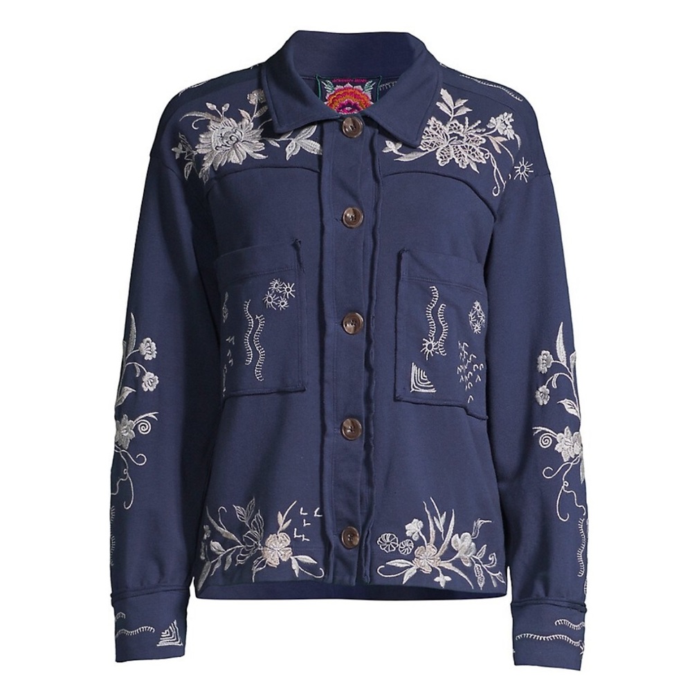NEW! JOHNNY WAS Maree Embroidered French Terry Navy Button Down Size Small